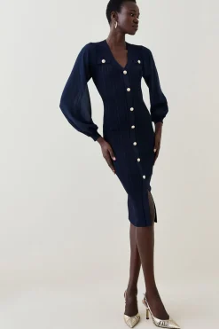 Robe Midi Petite En Maille Côtelée Mélange Viscose Avec Manches En Mousseline