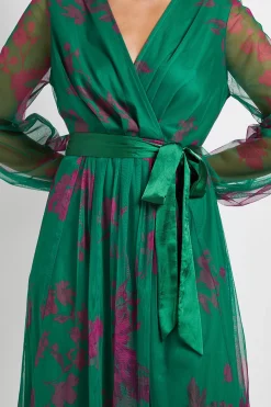Robe Midi Petite en Mesh Floral avec Ceinture en Satin