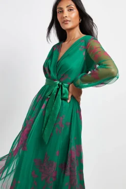 Robe Midi Petite en Mesh Floral avec Ceinture en Satin