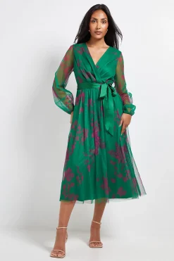 Robe Midi Petite en Mesh Floral avec Ceinture en Satin
