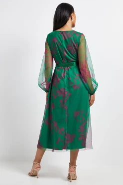 Robe Midi Petite en Mesh Floral avec Ceinture en Satin