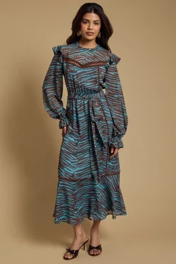 Robe Midi Petite En Mousseline Dobby Imprimée Avec Ceinture À La Taille