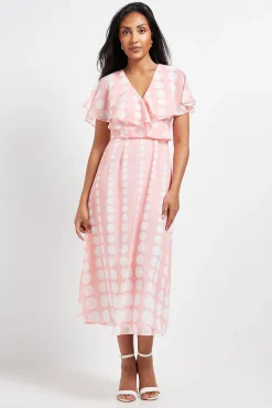 Robe Midi Petite en Mousseline à Pois avec Manches Cape et Bordure