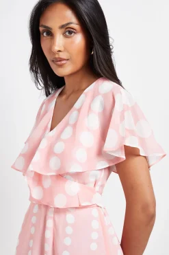 Robe Midi Petite en Mousseline à Pois avec Manches Cape et Bordure