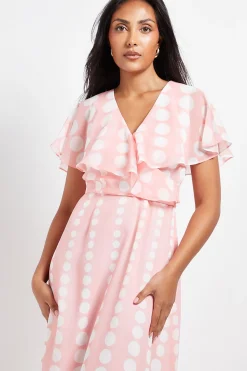 Robe Midi Petite en Mousseline à Pois avec Manches Cape et Bordure