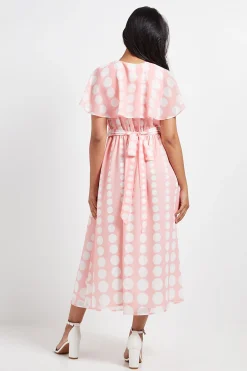 Robe Midi Petite en Mousseline à Pois avec Manches Cape et Bordure