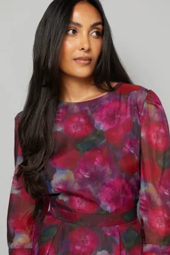 Robe Midi Petite en Organza Floral à Manches Évasées