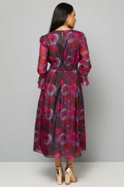 Robe Midi Petite en Organza Floral à Manches Évasées