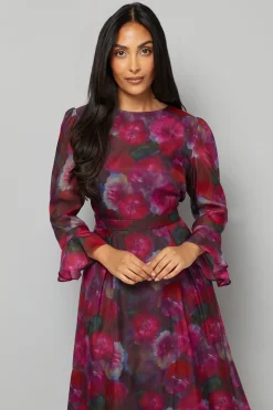 Robe Midi Petite en Organza Floral à Manches Évasées