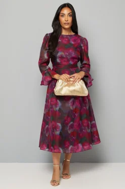 Robe Midi Petite en Organza Floral à Manches Évasées