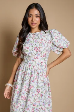 Robe Midi Petite En Popeline À Coutures Princesse Et Manches Bouffantes