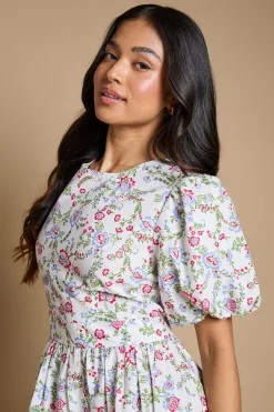 Robe Midi Petite En Popeline À Coutures Princesse Et Manches Bouffantes