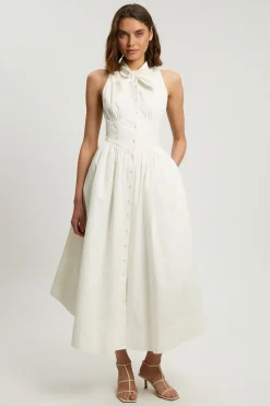 KarenMillen Robe Midi Petite En Popeline De Coton Avec Col Noué<Femme Robes|Robes Mi-Longues