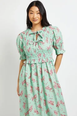 Robe Midi Petite En Popeline Imprimée À Manches Volantées Et Nœud Devant