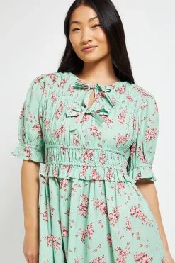 Robe Midi Petite En Popeline Imprimée À Manches Volantées Et Nœud Devant