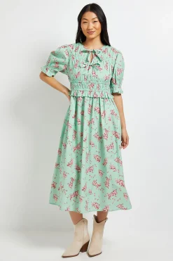 Robe Midi Petite En Popeline Imprimée À Manches Volantées Et Nœud Devant