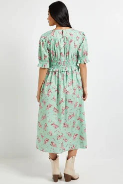 Robe Midi Petite En Popeline Imprimée À Manches Volantées Et Nœud Devant