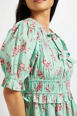 Robe Midi Petite En Popeline Imprimée À Manches Volantées Et Nœud Devant
