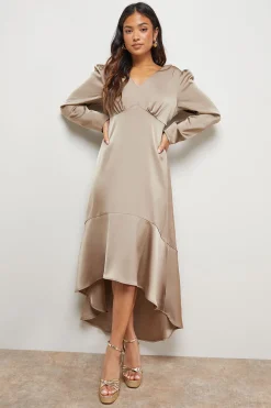 Robe Midi Petite en Satin à Manches Bouffantes Col V et Ourlet Asymétrique