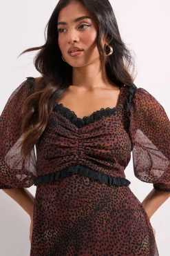 Dorothy Perkins Robe Midi Petite à Imprimé avec Manches Bouffantes et Finition Dentelle<Femme Robes Mi-Longues|Satin Et Dentelle