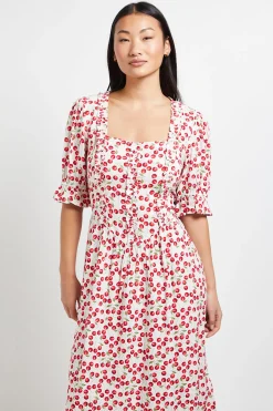 Dorothy Perkins Robe Midi Petite À Imprimé Cerises Avec Encolure Carrée, Détails À Volants Et Manches Bouffantes<Femme Robes|Robes Mi-Longues