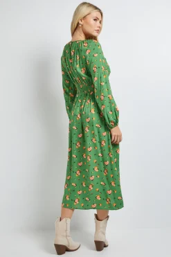 Robe Midi Petite À Imprimé Fleuri Vert Avec Manches Bouffantes Et Détail Découpe Au Col