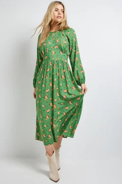 Robe Midi Petite À Imprimé Fleuri Vert Avec Manches Bouffantes Et Détail Découpe Au Col