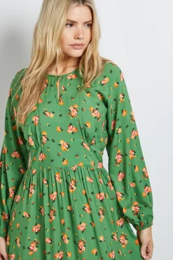 Robe Midi Petite À Imprimé Fleuri Vert Avec Manches Bouffantes Et Détail Découpe Au Col