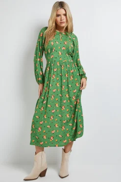 Robe Midi Petite À Imprimé Fleuri Vert Avec Manches Bouffantes Et Détail Découpe Au Col