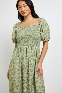Robe Midi Petite À Imprimé Fleuri Vert Avec Corsage Froncé Et Manches Bouffantes