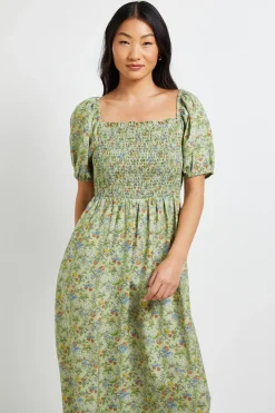 Robe Midi Petite À Imprimé Fleuri Vert Avec Corsage Froncé Et Manches Bouffantes