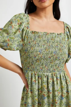 Robe Midi Petite À Imprimé Fleuri Vert Avec Corsage Froncé Et Manches Bouffantes