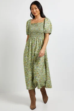 Robe Midi Petite À Imprimé Fleuri Vert Avec Corsage Froncé Et Manches Bouffantes