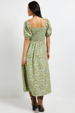 Robe Midi Petite À Imprimé Fleuri Vert Avec Corsage Froncé Et Manches Bouffantes