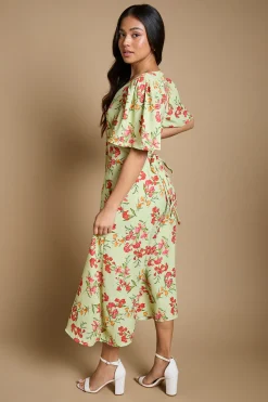 Robe Midi Petite À Imprimé Fleuri Vert Avec Boutonnage Devant, Manches Papillon Et Dos Noué