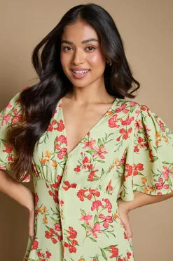 Robe Midi Petite À Imprimé Fleuri Vert Avec Boutonnage Devant, Manches Papillon Et Dos Noué