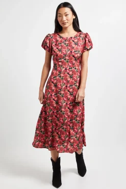 Dorothy Perkins Robe Midi Petite à Imprimé Floral Rouge avec Détail Dos Noué et Manches Bouffantes<Femme Toutes Les Robes|Robes Mi-Longues