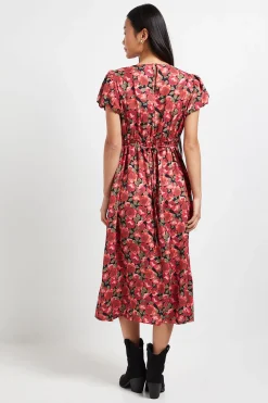 Dorothy Perkins Robe Midi Petite à Imprimé Floral Rouge avec Détail Dos Noué et Manches Bouffantes<Femme Toutes Les Robes|Robes Mi-Longues