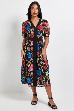 Robe Midi Petite à Imprimé Floral avec Manches Bouffantes et Fermeture Éclair