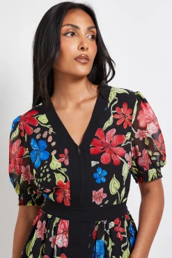 Robe Midi Petite à Imprimé Floral avec Manches Bouffantes et Fermeture Éclair