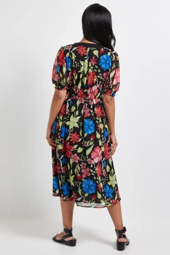 Robe Midi Petite à Imprimé Floral avec Manches Bouffantes et Fermeture Éclair