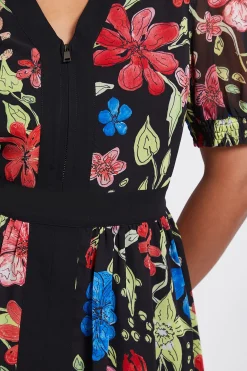 Robe Midi Petite à Imprimé Floral avec Manches Bouffantes et Fermeture Éclair