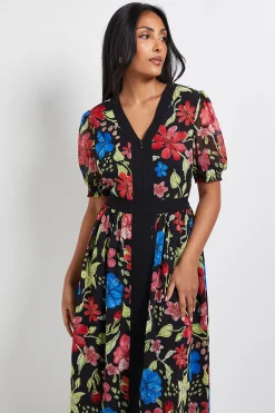 Robe Midi Petite à Imprimé Floral avec Manches Bouffantes et Fermeture Éclair