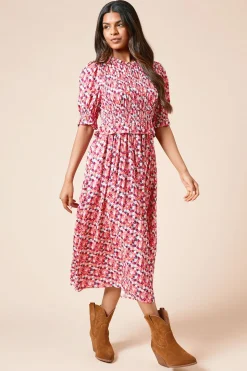 Robe Midi Petite à Imprimé Floral avec Corsage Froncé et Manches Bouffantes