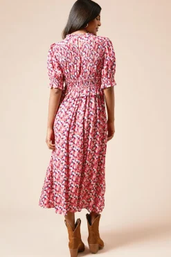 Robe Midi Petite à Imprimé Floral avec Corsage Froncé et Manches Bouffantes