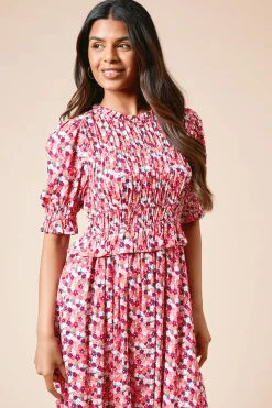 Robe Midi Petite à Imprimé Floral avec Corsage Froncé et Manches Bouffantes