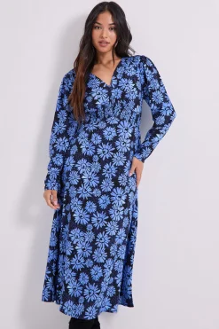 Robe Midi Petite à Imprimé Marguerites Bleues avec Taille Froncée et Détails Boutonnés