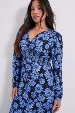 Robe Midi Petite à Imprimé Marguerites Bleues avec Taille Froncée et Détails Boutonnés