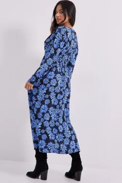 Robe Midi Petite à Imprimé Marguerites Bleues avec Taille Froncée et Détails Boutonnés