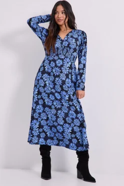 Robe Midi Petite à Imprimé Marguerites Bleues avec Taille Froncée et Détails Boutonnés